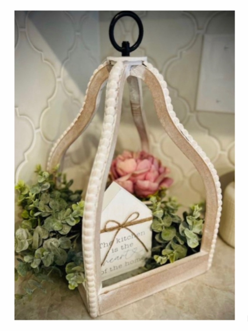 NEW White Washed Beaded Open Lantern Tabletop Centerpiece Farmhouse Decor